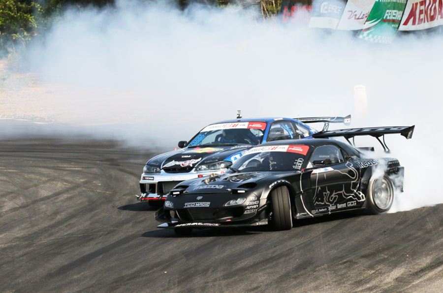 Aerial View Above Drift Racing Cars and Drifting Circuit in Japan