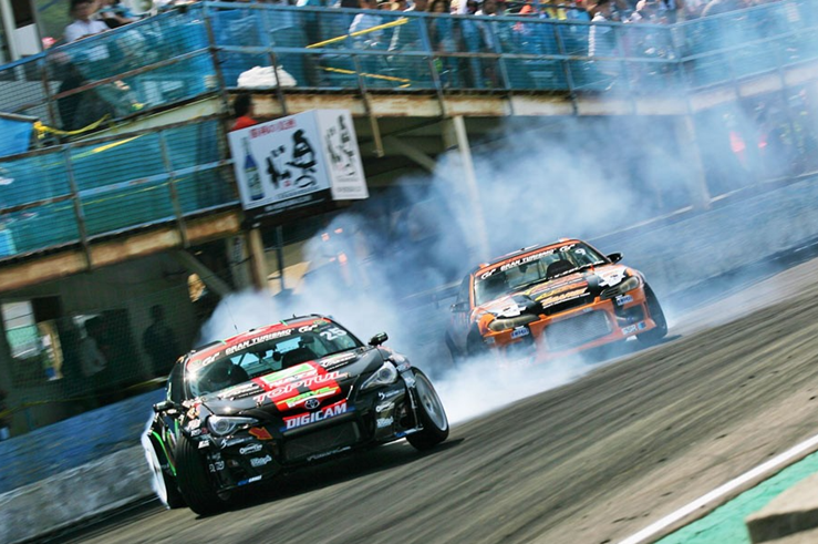 Aerial View Above Drift Racing Cars and Drifting Circuit in Japan